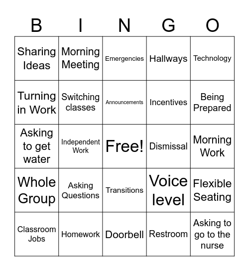 Routines and Procedure BINGO Card