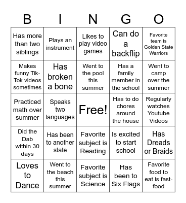 First Day of School Bingo Card