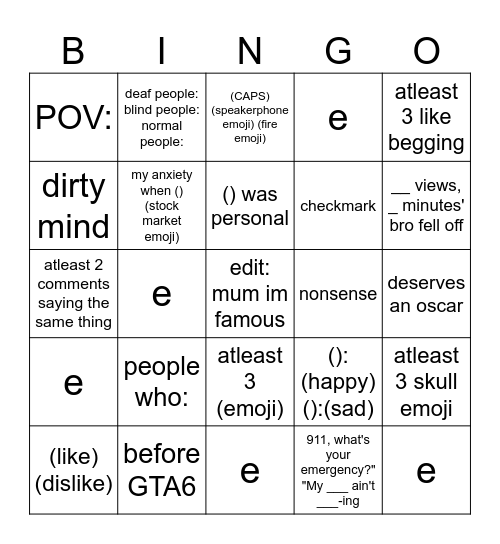 youtube shorts Bingo Card