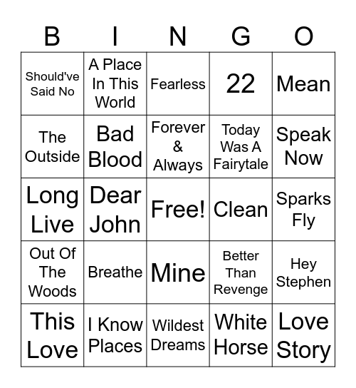 Taylor Swift Bingo Card