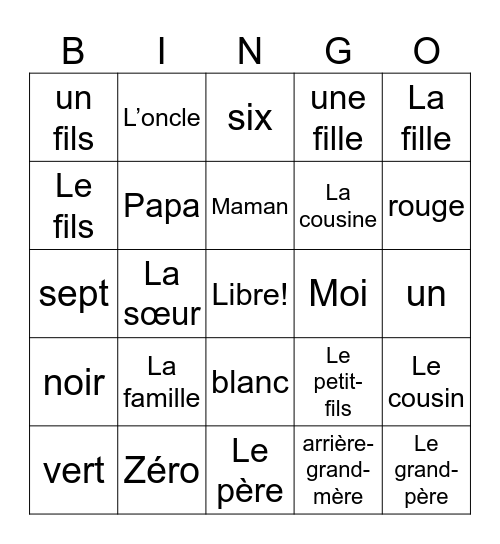 Famille, couleurs et nombre Bingo Card