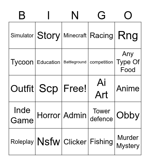 Roblox Games Bingo Card