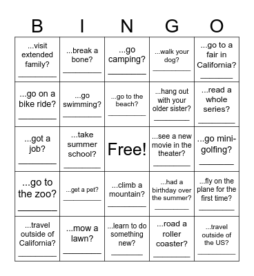 Over summer vacation, did you... Bingo Card
