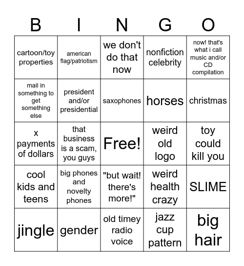 'mercials Bingo Card