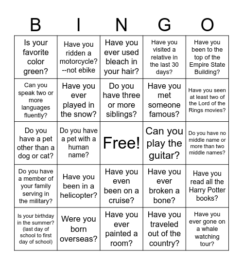 Ice Breaker Bingo Card