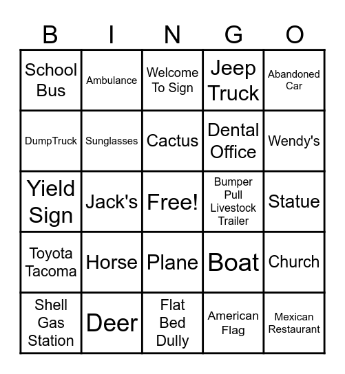 Alabama to Texas Bingo Card