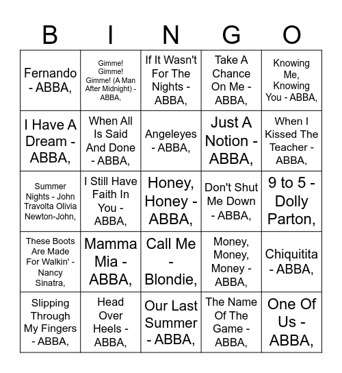 MUMBOS BINGO: ABBA Bingo Card