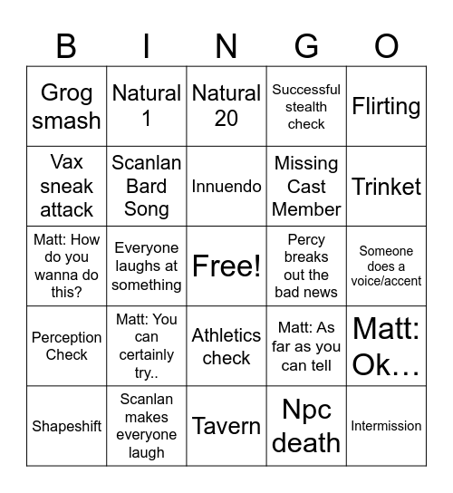 Critical Role Campaign 1 Bingo Card