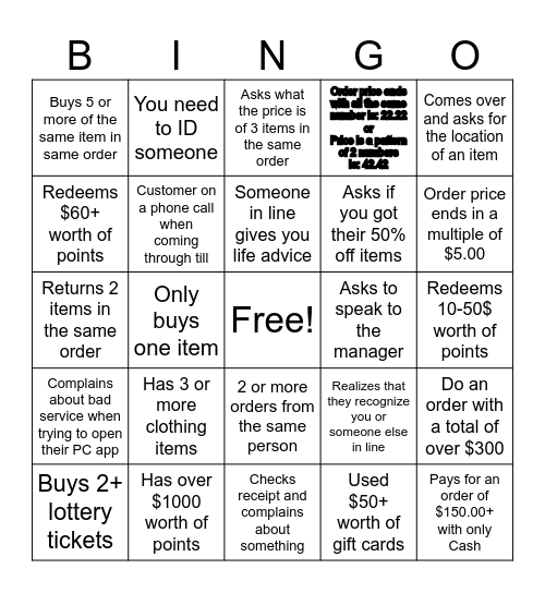 Cashier Bingo Card