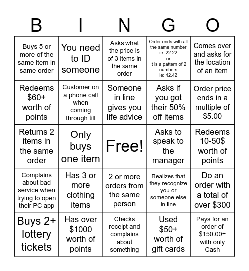 Cashier Bingo Card