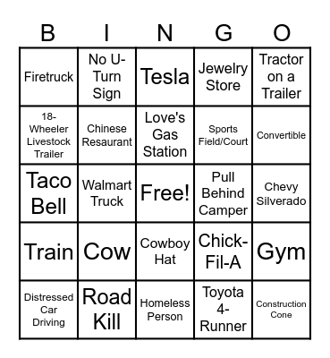 Alabama to Texas Bingo Card