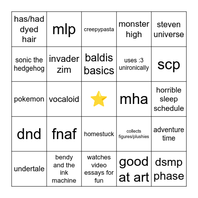 “weird kid” bingo Card