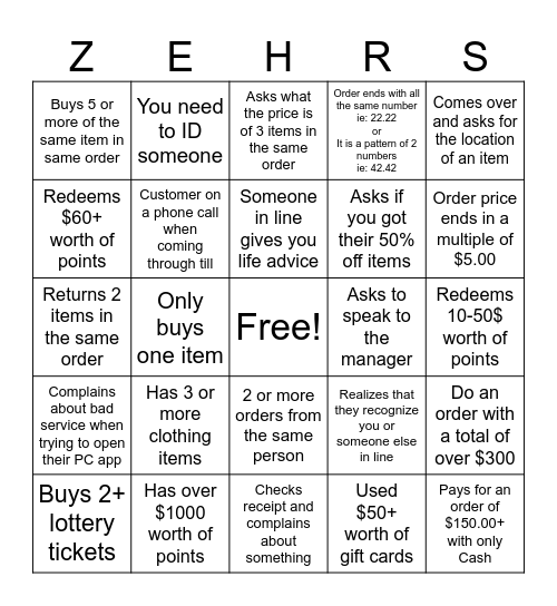 Cashier Bingo Card