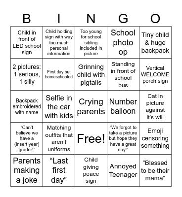 First Day of School Social Media Posts Bingo Card