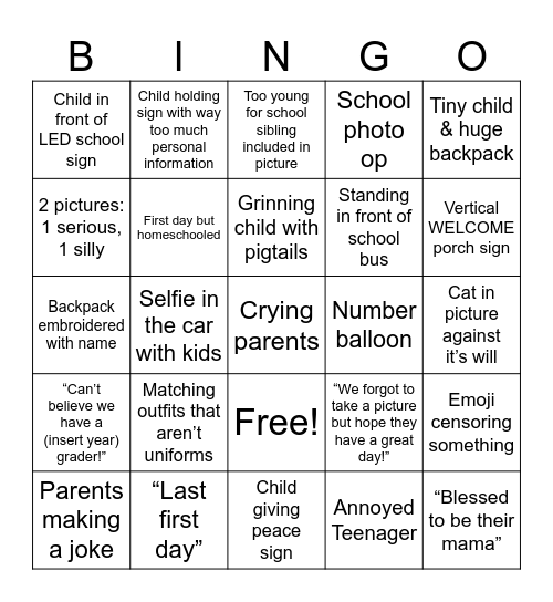 First Day of School Social Media Posts Bingo Card