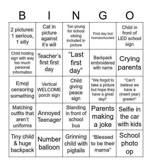 First Day of School Posts Bingo Card