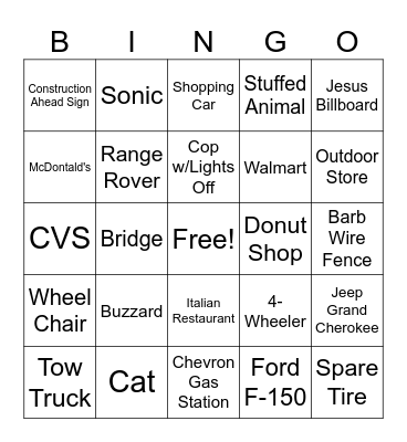 Texas to Alabma Bingo Card