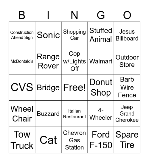 Texas to Alabma Bingo Card