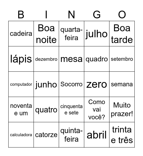 Saudações, Vocabulário, Números e Datas Bingo Card