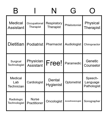 The Health Care Team Bingo Card