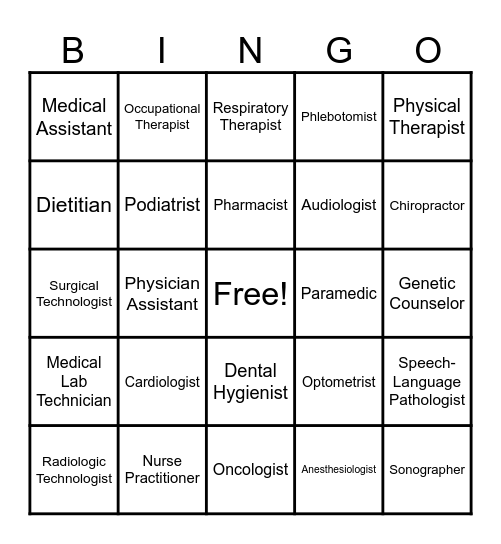 The Health Care Team Bingo Card