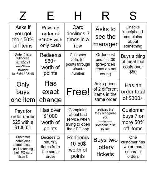 Cashier Bingo Card