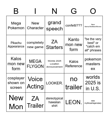 Pokemon Worlds Closing Ceremony Bingo Card
