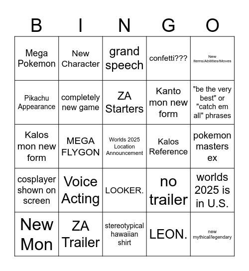 Pokemon Worlds Closing Ceremony Bingo Card