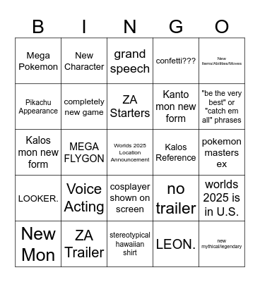 Pokemon Worlds Closing Ceremony Bingo Card