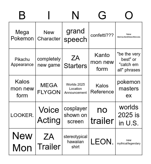 Pokemon Worlds Closing Ceremony Bingo Card