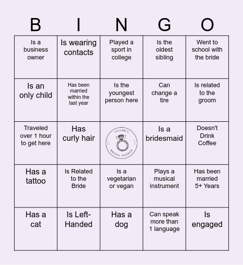 Taylor's Bridal Shower Bingo Card