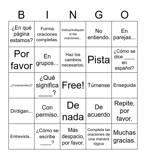 Expresiones útiles Bingo Card