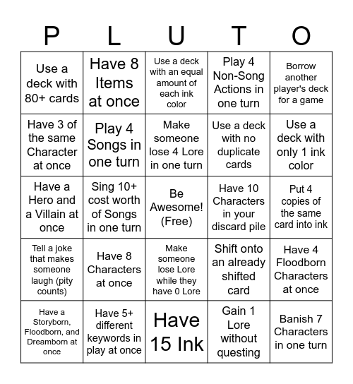 Lorcana Challenges - PLUTO Board Bingo Card