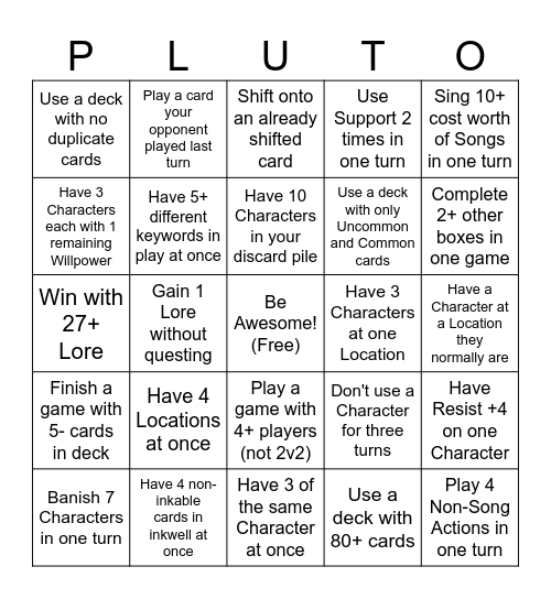 Lorcana Challenges - PLUTO Board Bingo Card