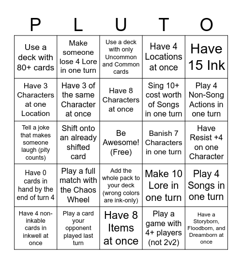 Lorcana Challenges - PLUTO Board Bingo Card