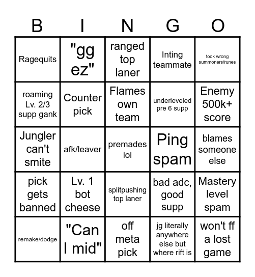 League of Legends Bingo Card