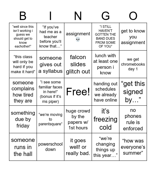 back to school day1 predictions Bingo Card