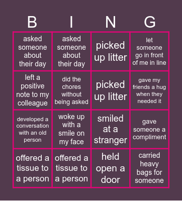 Kindness Bingo Card