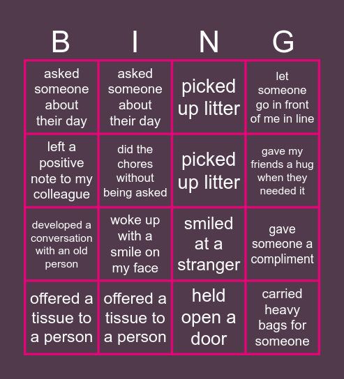 Kindness Bingo Card