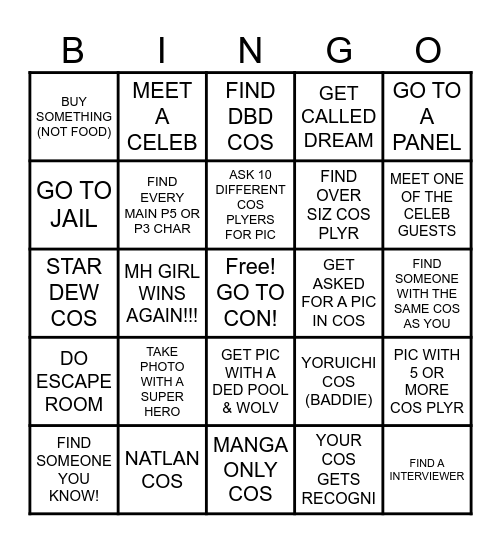 COMIC CON BINGO CARD Bingo Card