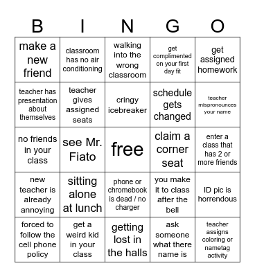 1st day of school bingo Card