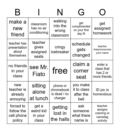 1st day of school bingo Card