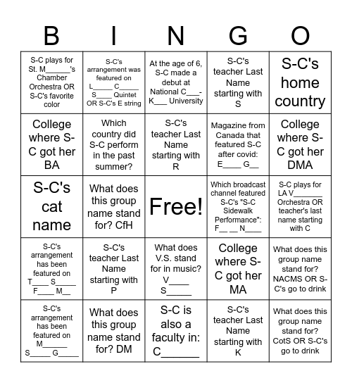 S-C Bingo Card