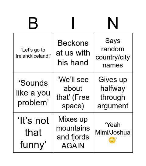 Reuben Bingo Card