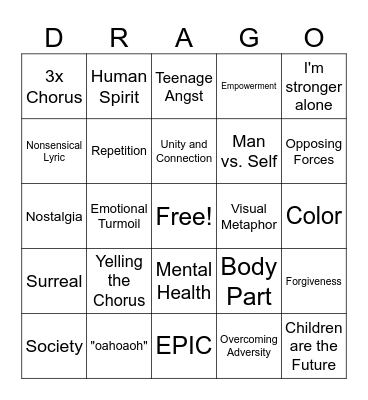Imagine Dragons Bingo Card