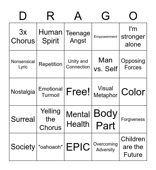 Imagine Dragons Bingo Card