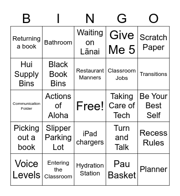 Nā Holokai Routines & Procedures Bingo Card