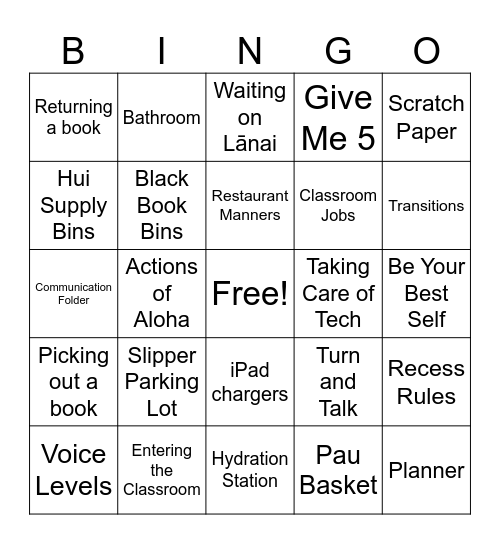 Nā Holokai Routines & Procedures Bingo Card