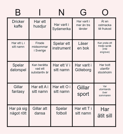 Skriv inte ditt eget namn i rutorna! Bingo Card