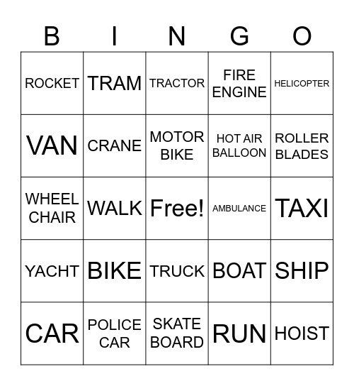 TRANSPORT Bingo Card